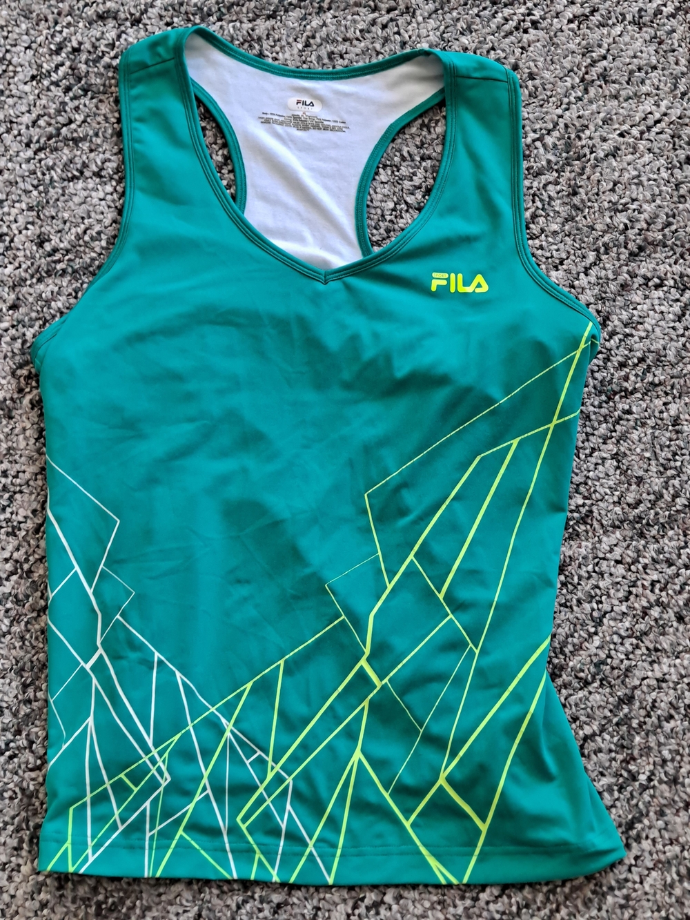 Fila Teal Racerback Tank with Neon Yellow & White Geometric Lines